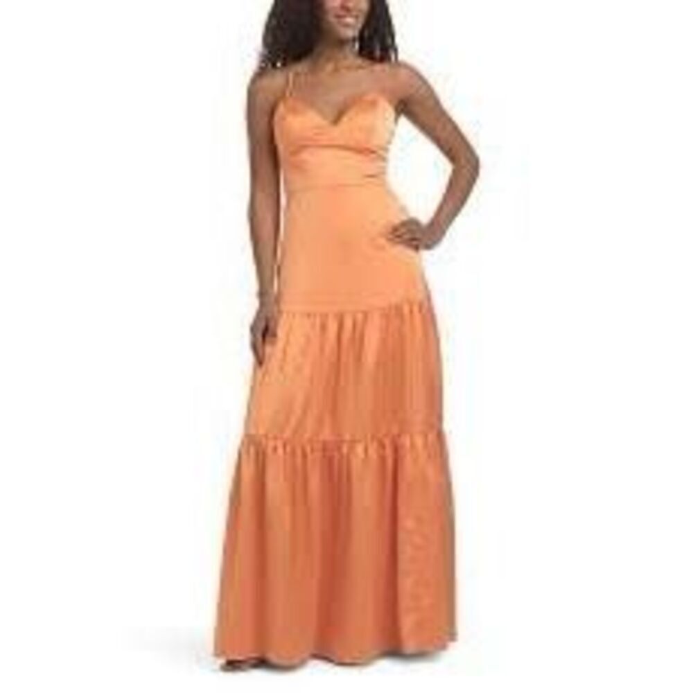 Dress the Population Size M Tess Tiered Satin Maxi Dress Apricot Spring Formal